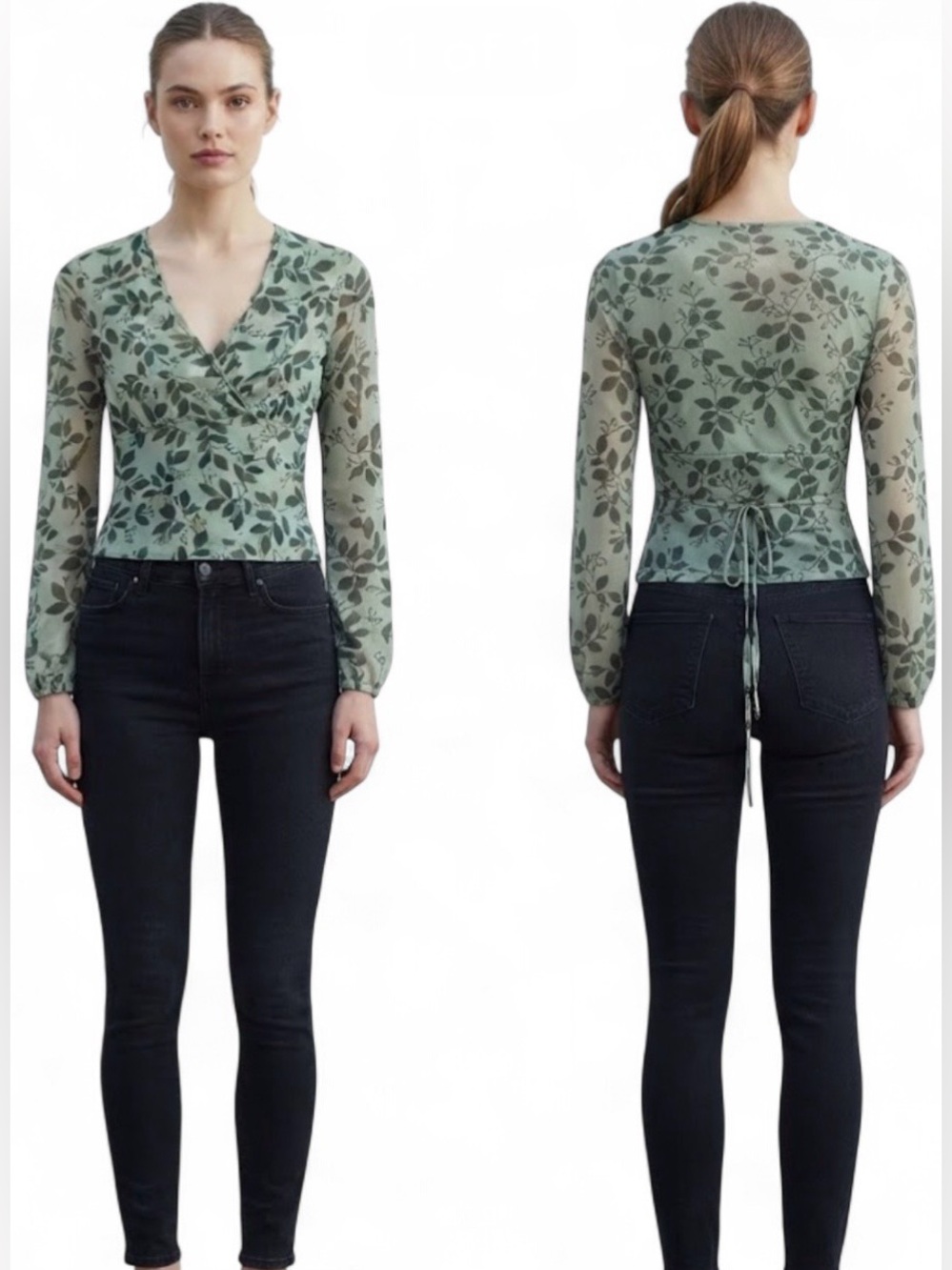 Sweet Pea Green leaf print mesh long sleeve blouse w/tie - Size medium